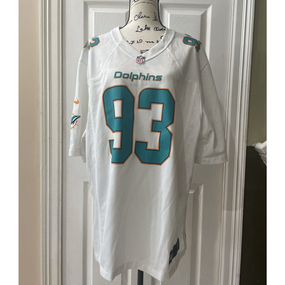 NIKE NFL MIAMI DOLPHINS JERSEY  DEFENSE 93 SZ XL WHITE TEAL ATHLETIC ATHLEISURE - Picture 1 of 15